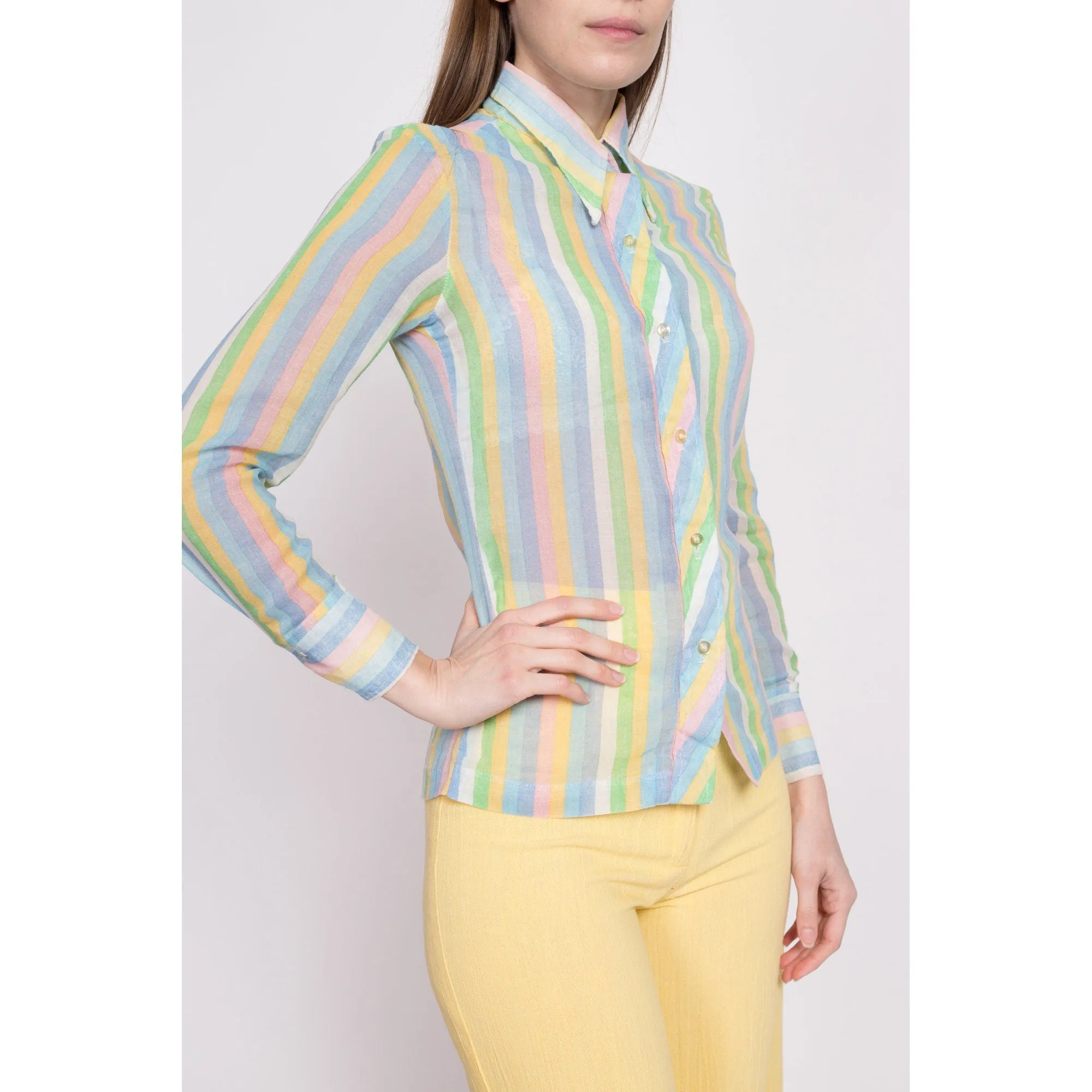 70s Sheer Pastel Striped Blouse - Petite XS