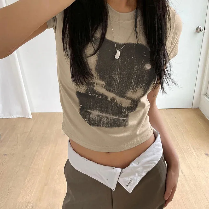 Aiertu Vintage Chic Print y2k Crop Top Crewneck Slim Short Sleeve T-shirt Summer Harajuku  Streetwear y2k Retro Tees Shirt Women