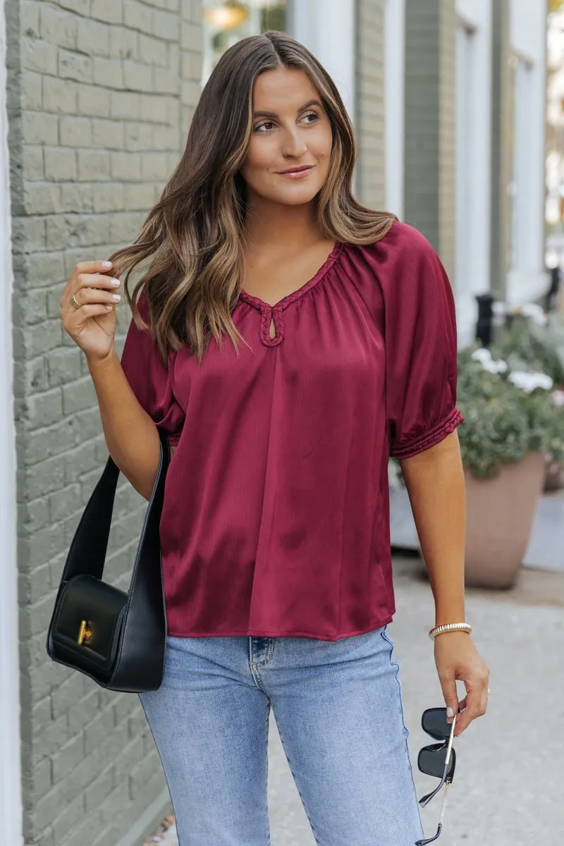 Be Seeing You Puff Sleeve Satin Top - Wine - FINAL SALE