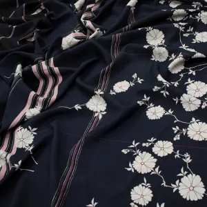 Border Printed Crepe Kimono White Floral on Navy