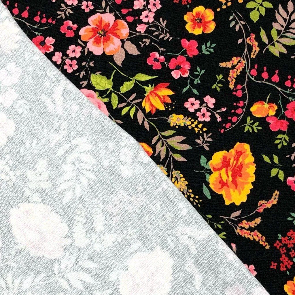 Botanical Floral on Black French Terry Fabric