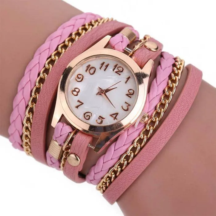 Bright Time Pink Leather Wrap Watch