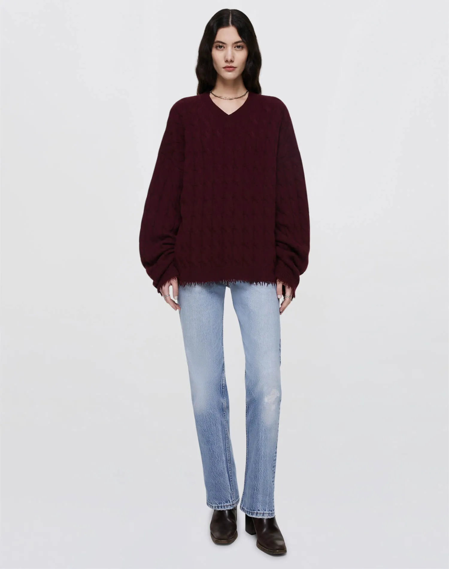 Cashmere Cable V Neck Pullover - Oxblood