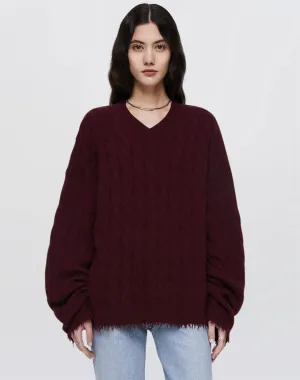 Cashmere Cable V Neck Pullover - Oxblood