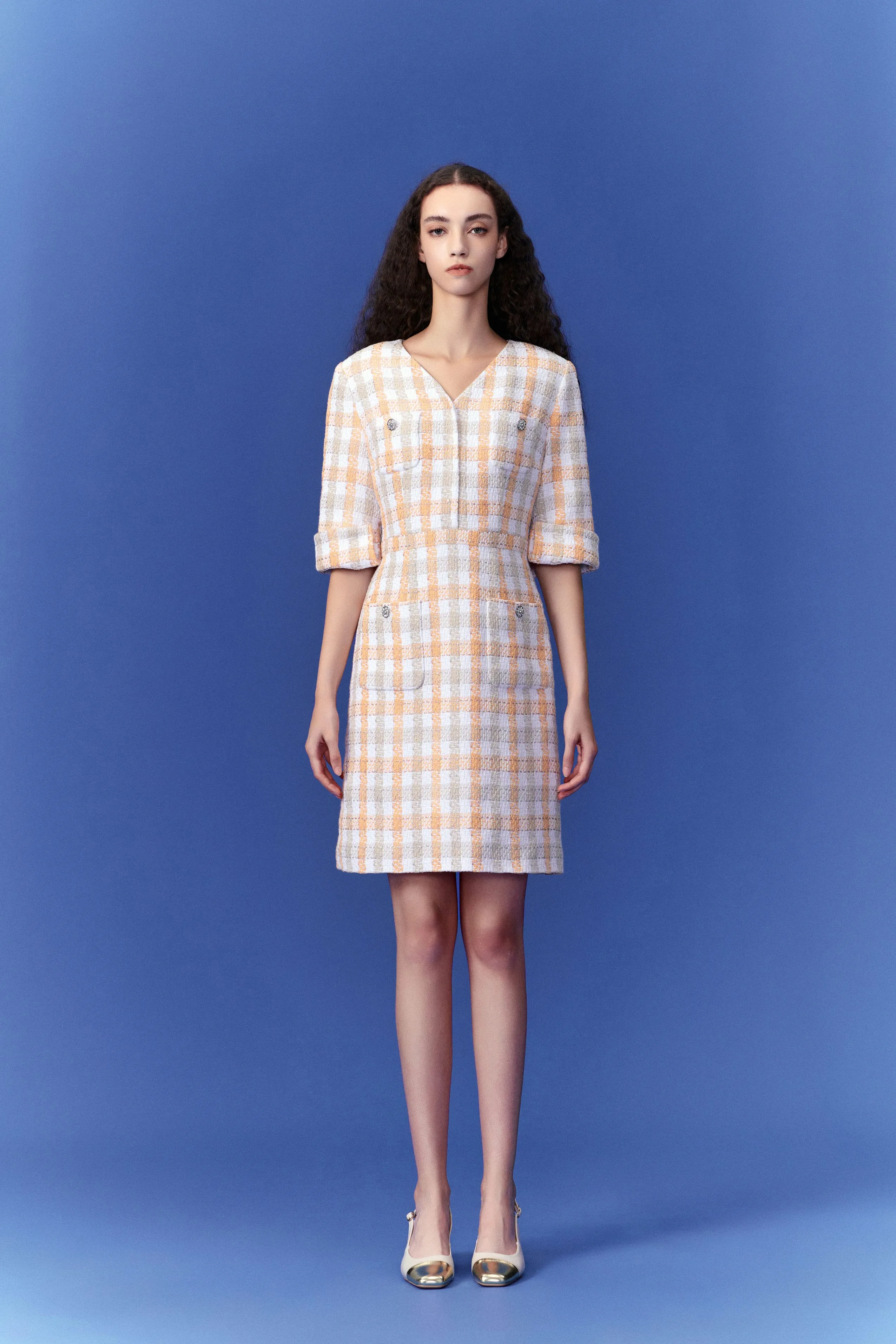 Check Pastel Tone Tweed Dress