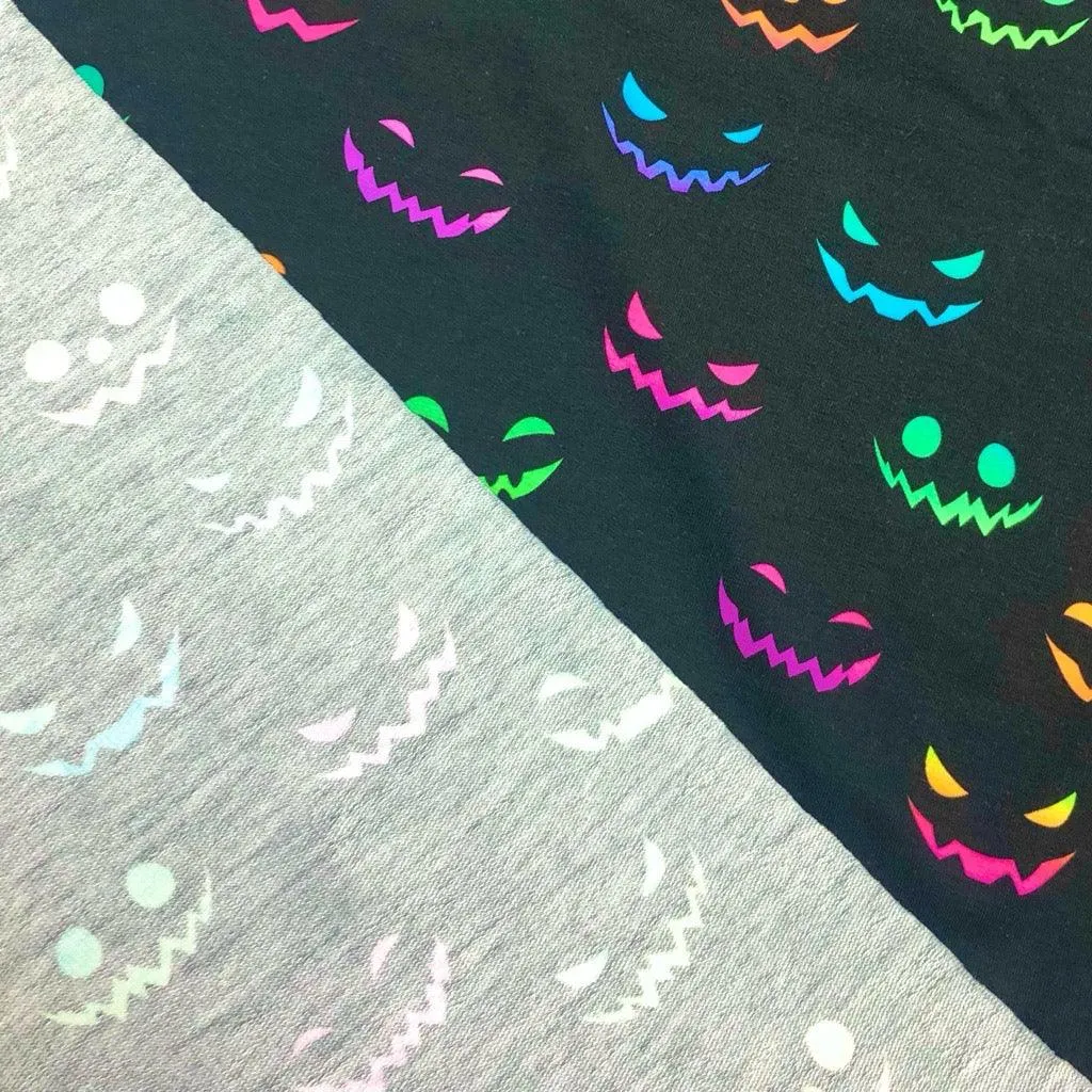 Colourful Halloween Faces on Black French Terry Fabric