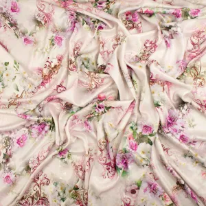 Digital Printed Satin Design-19 Pink Floral on Ivory