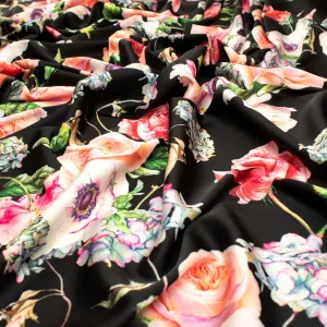 Digital Printed Satin Design-20 Floral Bloom on Black