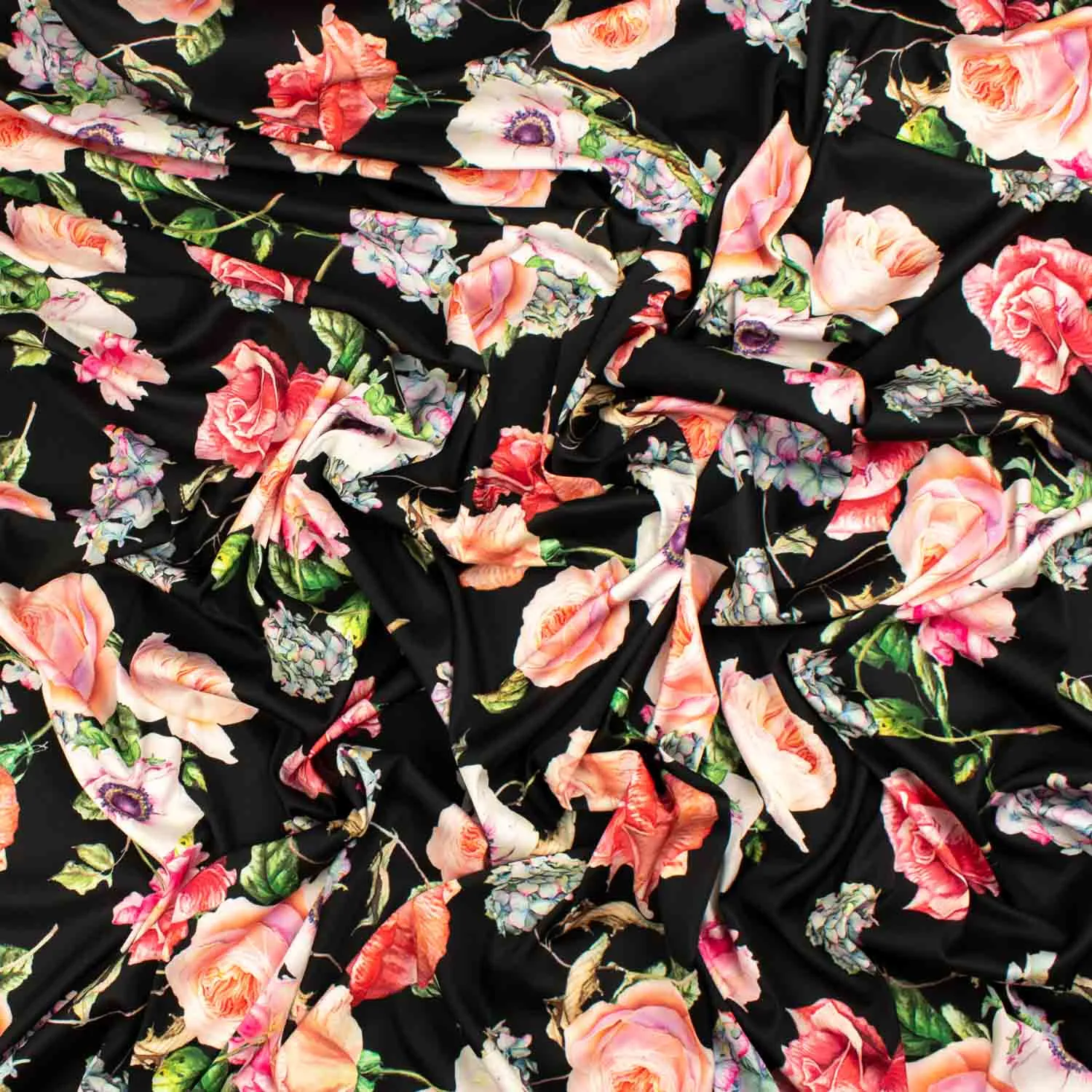 Digital Printed Satin Design-20 Floral Bloom on Black