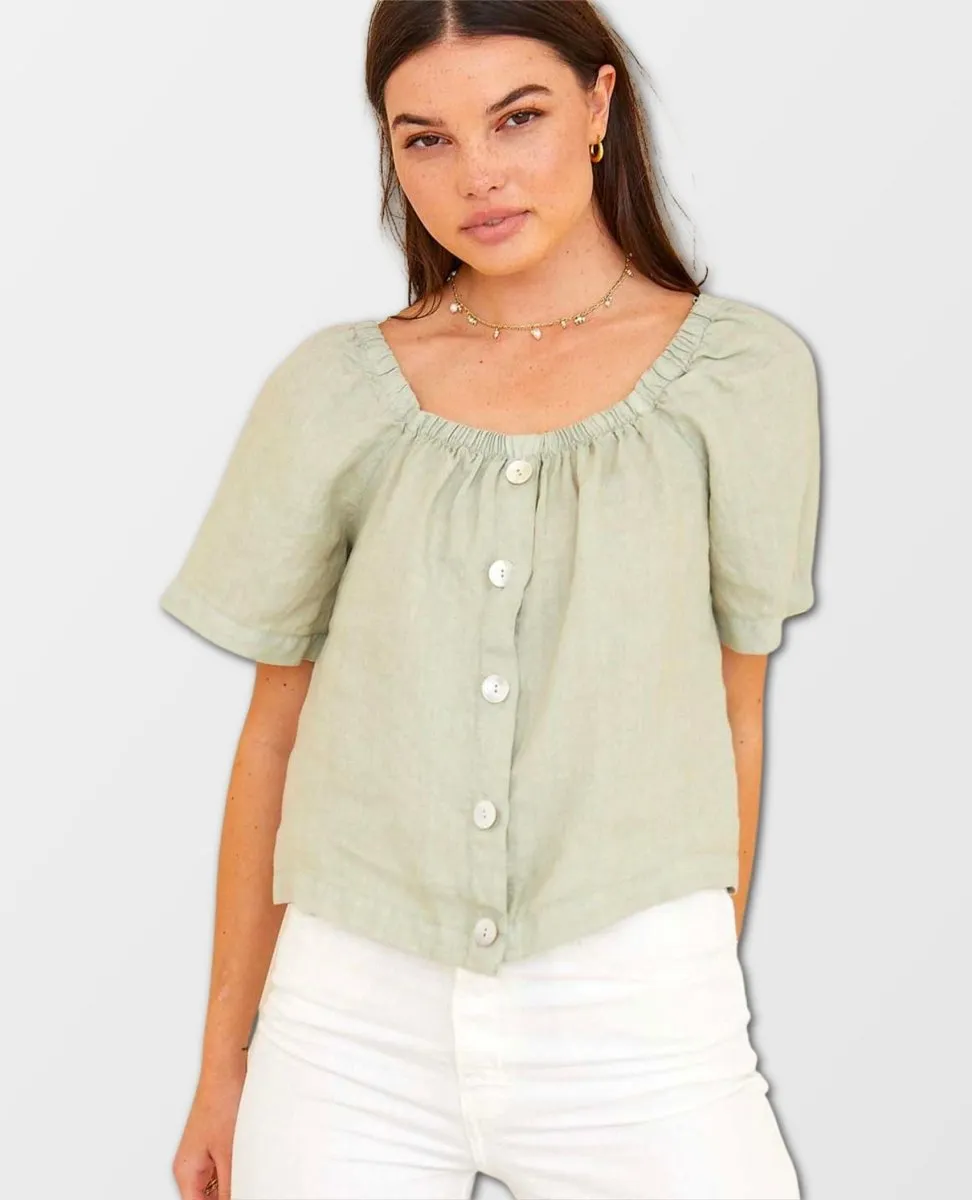 Flowy Square Neck Top Dune Green Short Sleeve