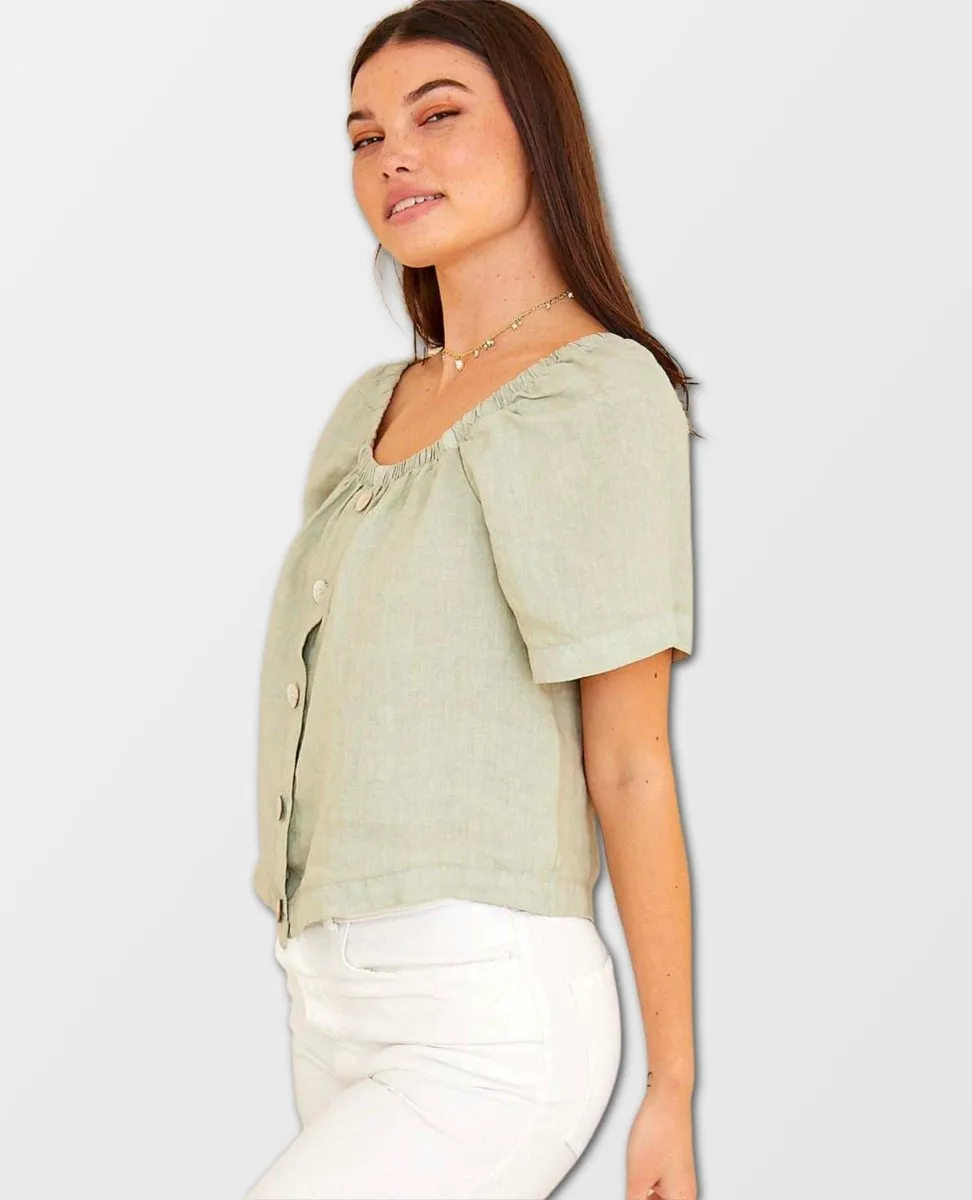 Flowy Square Neck Top Dune Green Short Sleeve