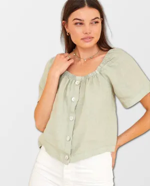 Flowy Square Neck Top Dune Green Short Sleeve