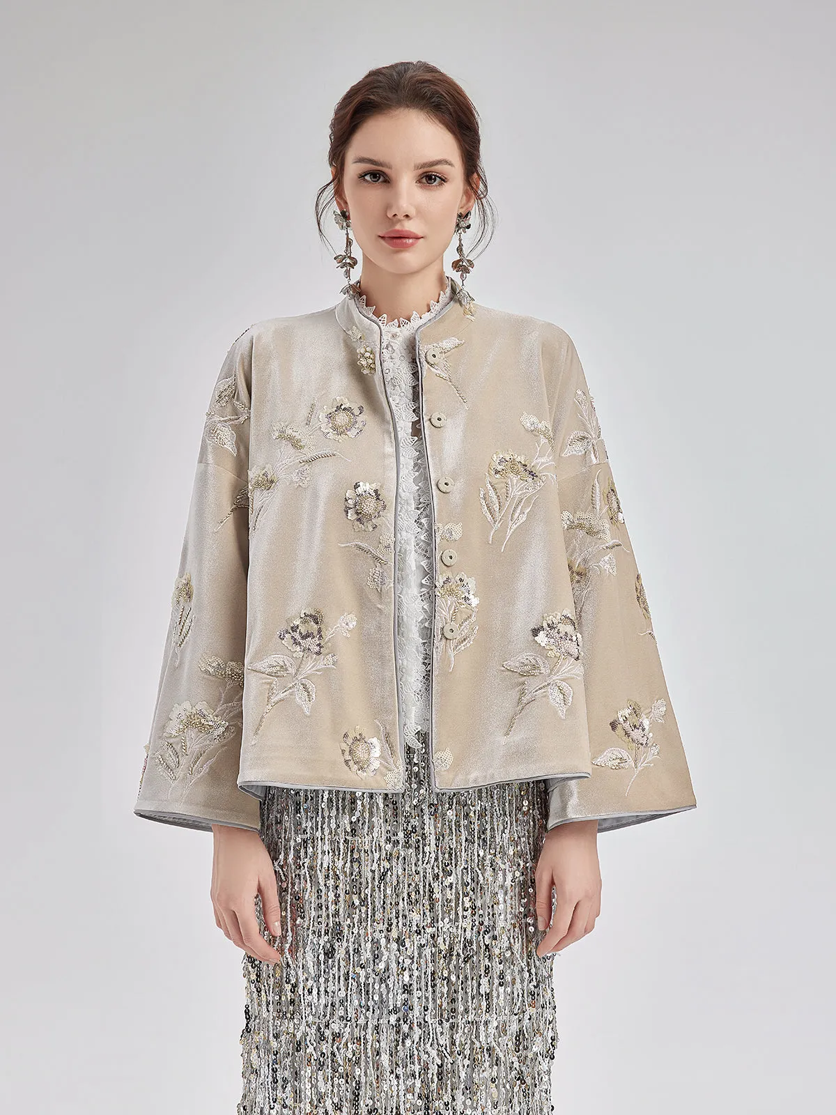 French Velvet Beaded Embroidered Cape Coat