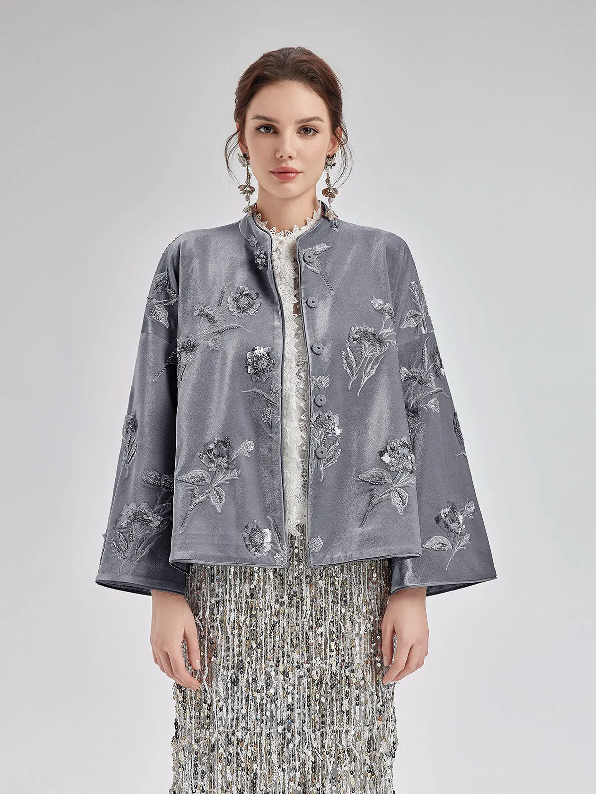 French Velvet Beaded Embroidered Cape Coat