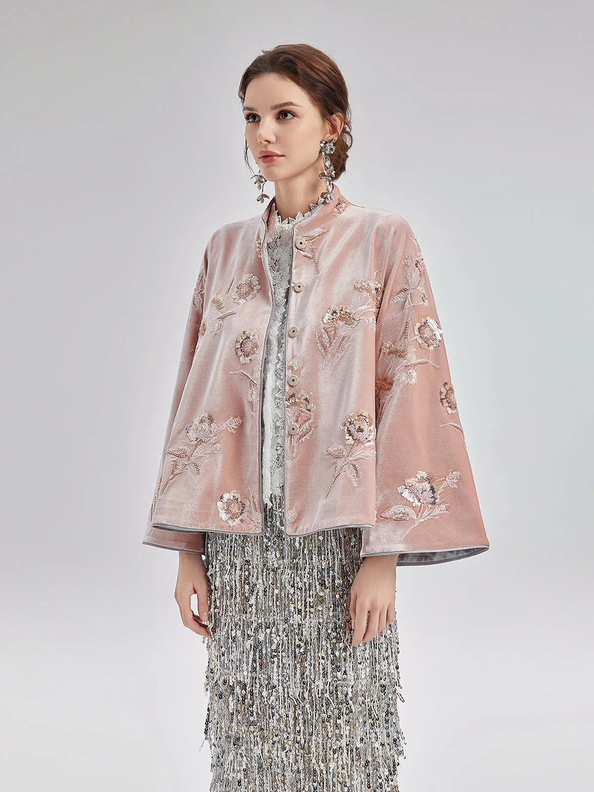 French Velvet Beaded Embroidered Cape Coat