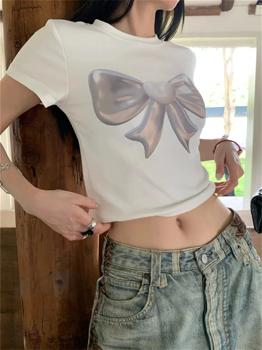 Girlary Fashion Tees Women Chic Slim New Short Sleeve Summer Printed Sexy 2024 Office Lady High Street T-Shirts Daily