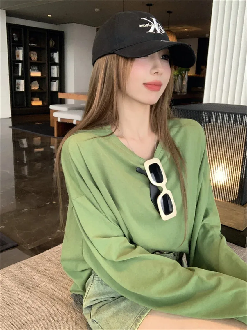 Girlary Green T-Shirts Autumn Oversize Solid Loose Women Chic Casual Full Sleeve Fashion 2023 Office Lady High Street Tees