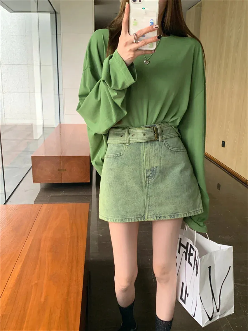 Girlary Green T-Shirts Autumn Oversize Solid Loose Women Chic Casual Full Sleeve Fashion 2023 Office Lady High Street Tees