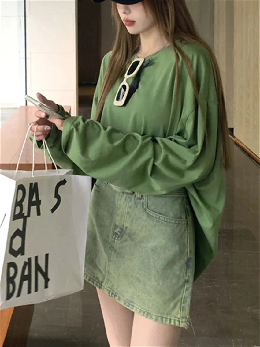 Girlary Green T-Shirts Autumn Oversize Solid Loose Women Chic Casual Full Sleeve Fashion 2023 Office Lady High Street Tees