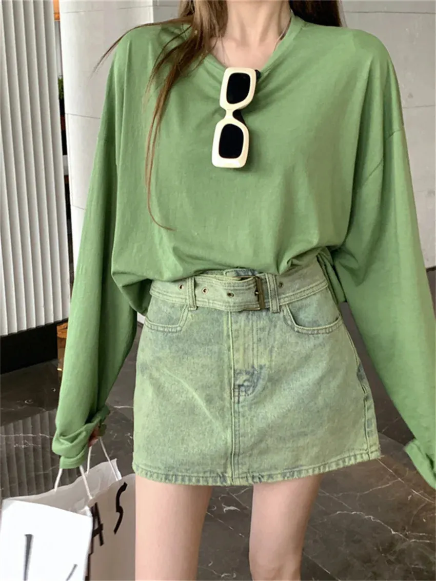 Girlary Green T-Shirts Autumn Oversize Solid Loose Women Chic Casual Full Sleeve Fashion 2023 Office Lady High Street Tees