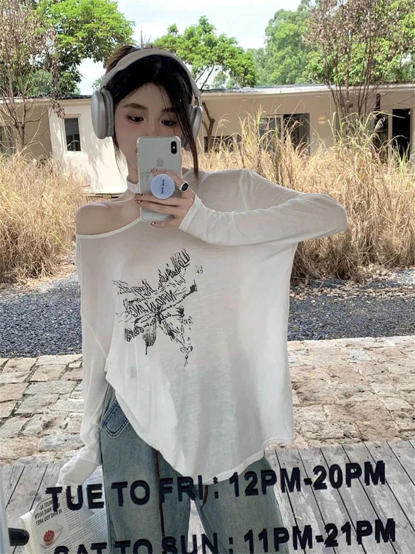 Girlary Lazy Style Women Oversize T-Shirts Summer Sunscreen Printed Loose New OL All Match Full Sleeve Chic Casual Tees