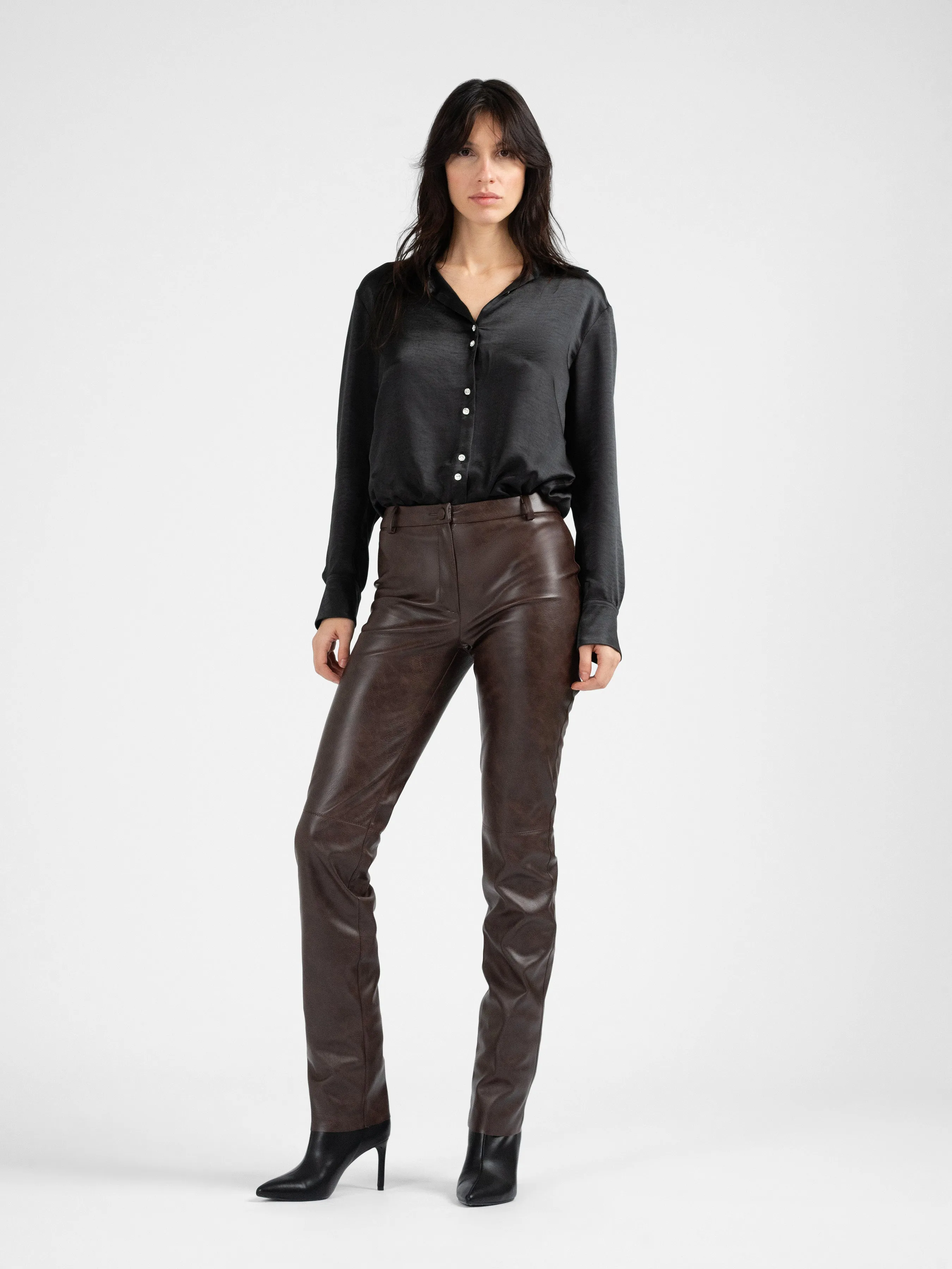 HATTIE dark brown vegan leather cigarette trousers