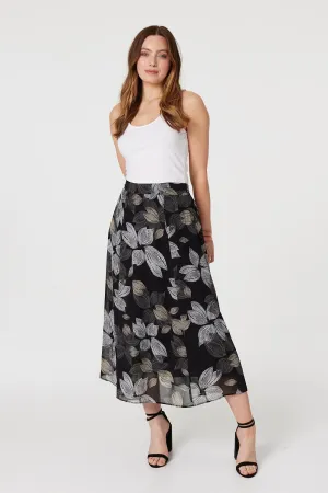 Leaf Print High Waist Midi Skirt