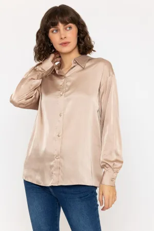 Long Sleeve Satin Oversized Blouse in Beige