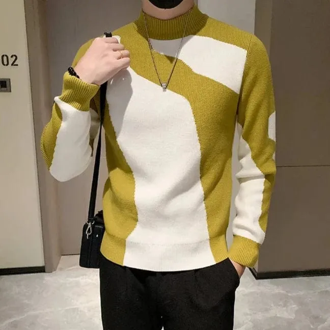 Luxury Half Turtleneck Men's Pattern Sweater Long Sleeve Slim Fit Casual Pullover Knitwear