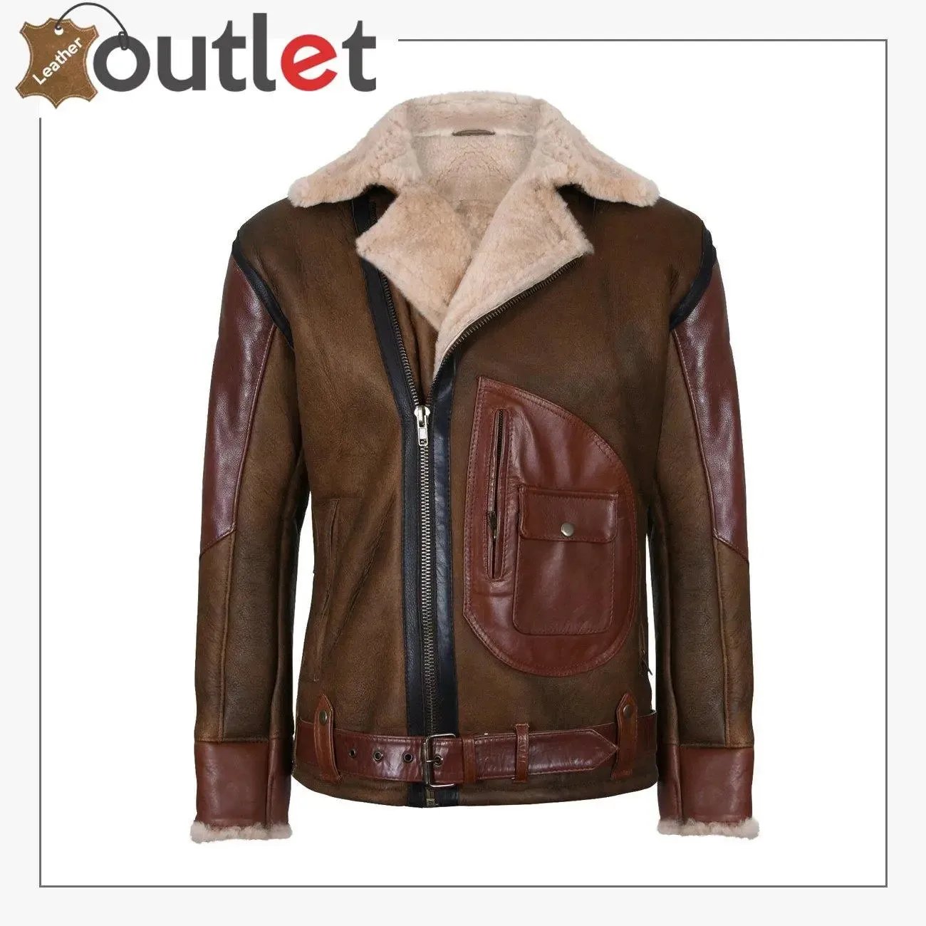 Mens Brown Crossover B3 Sheepskin Aviator Flying Leather Biker Jacket