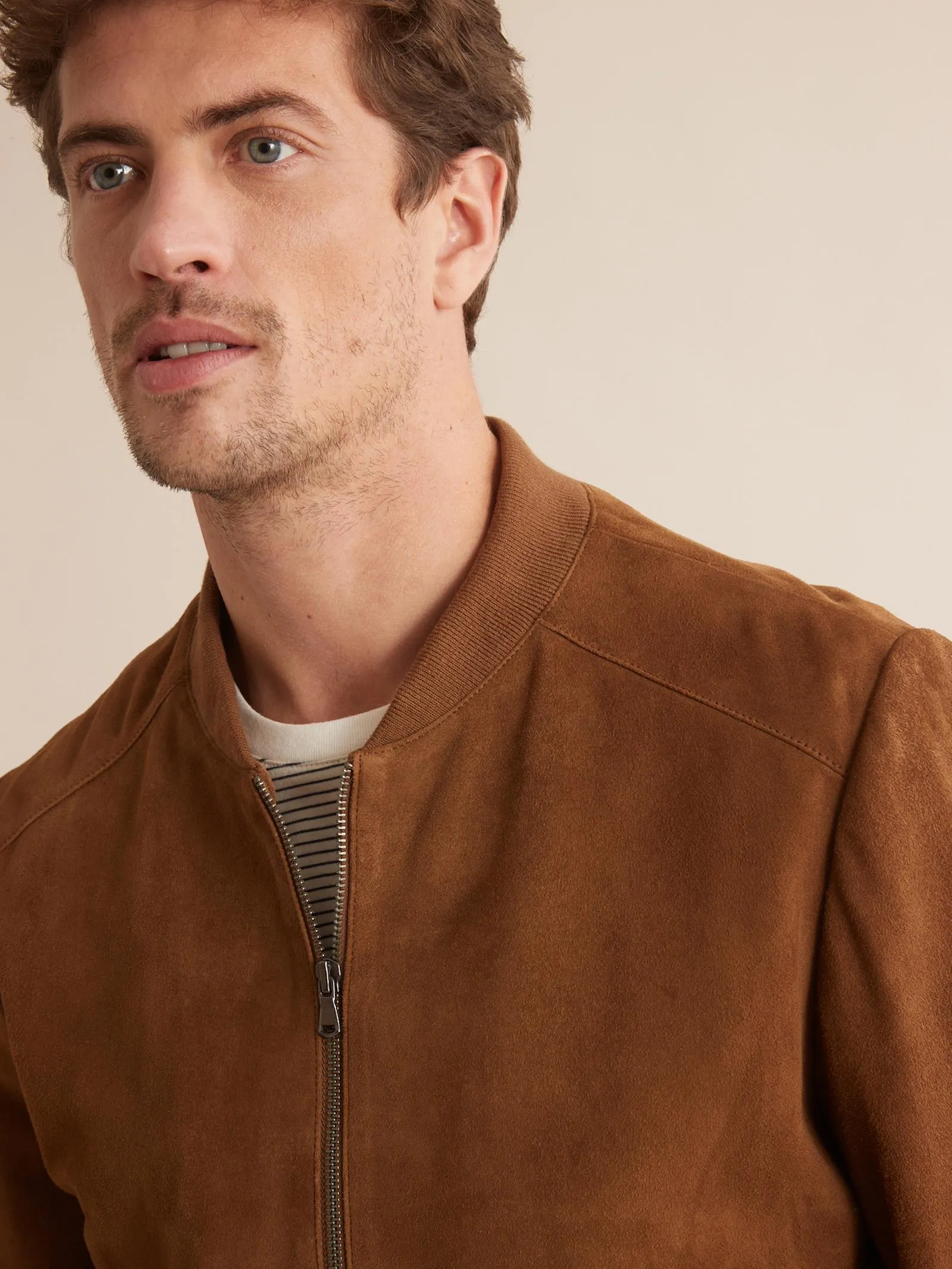 Men’s Tan Brown Suede Leather Bomber Jacket