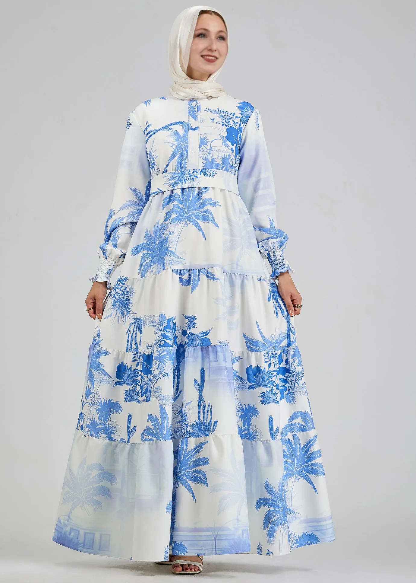 Nadia Tropicana Bliss Crepe Polyester Tiered Maxi Dress in Azure