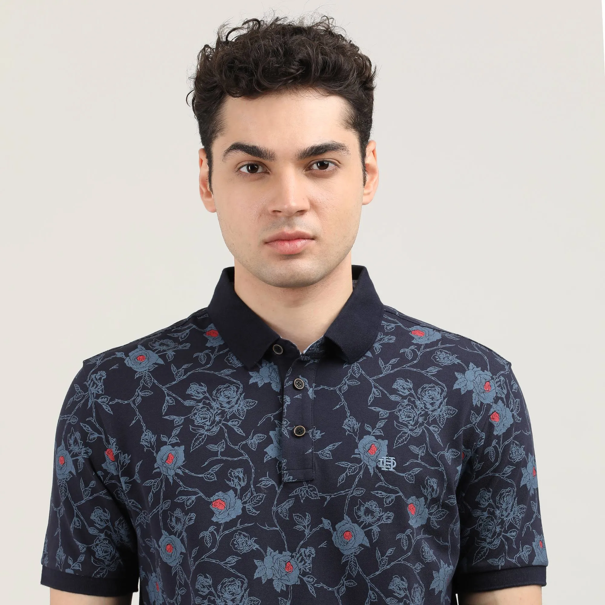 Navy Blue Pique Lycra Printed Polo T-shirt