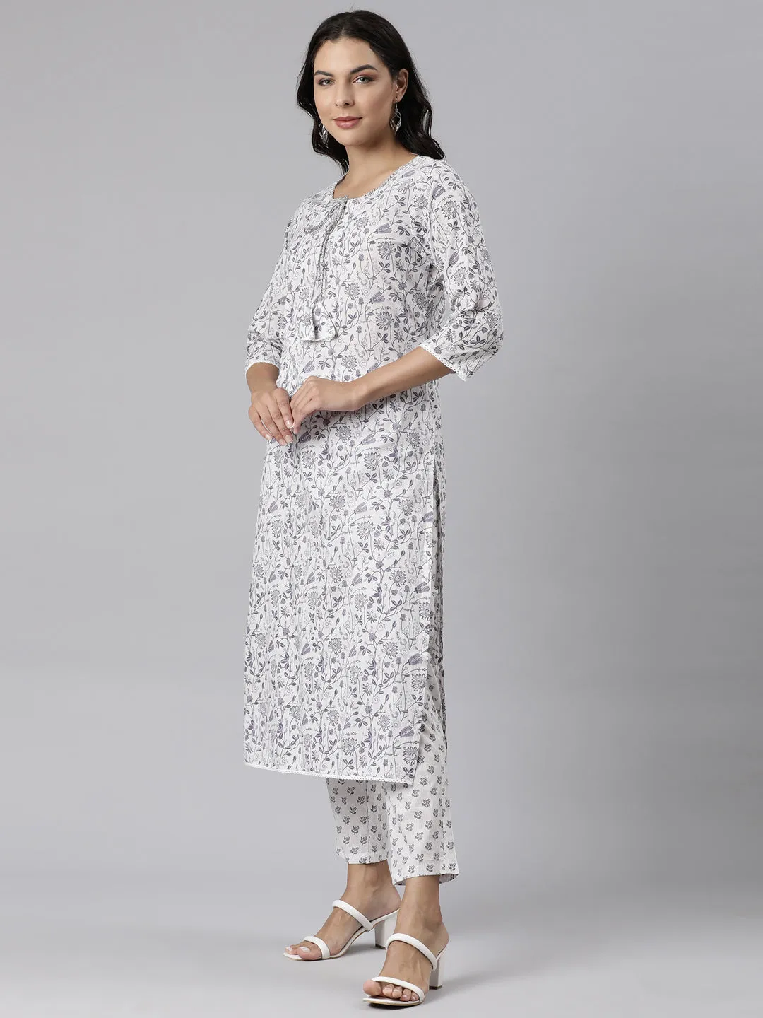 Neerus Grey Panelled Straight Printed Kurta And Trousers With Dupatta