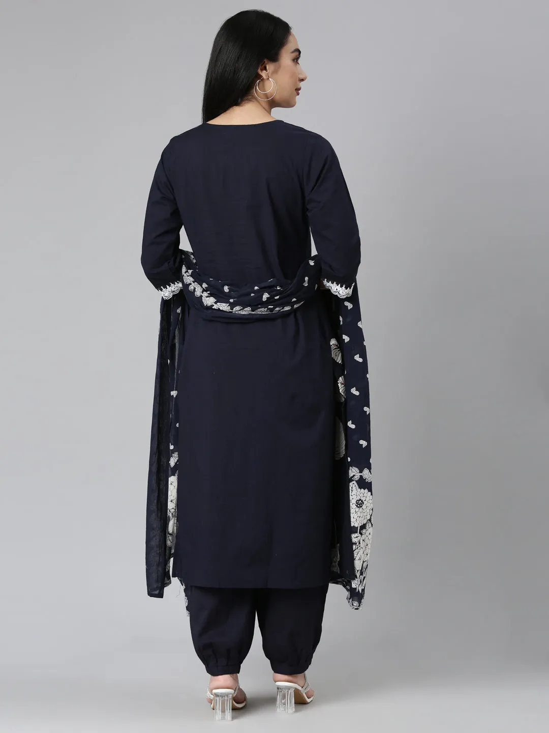 Neerus Navy Blue Regular Straight Solid Kurta and Trousers With Dupatta