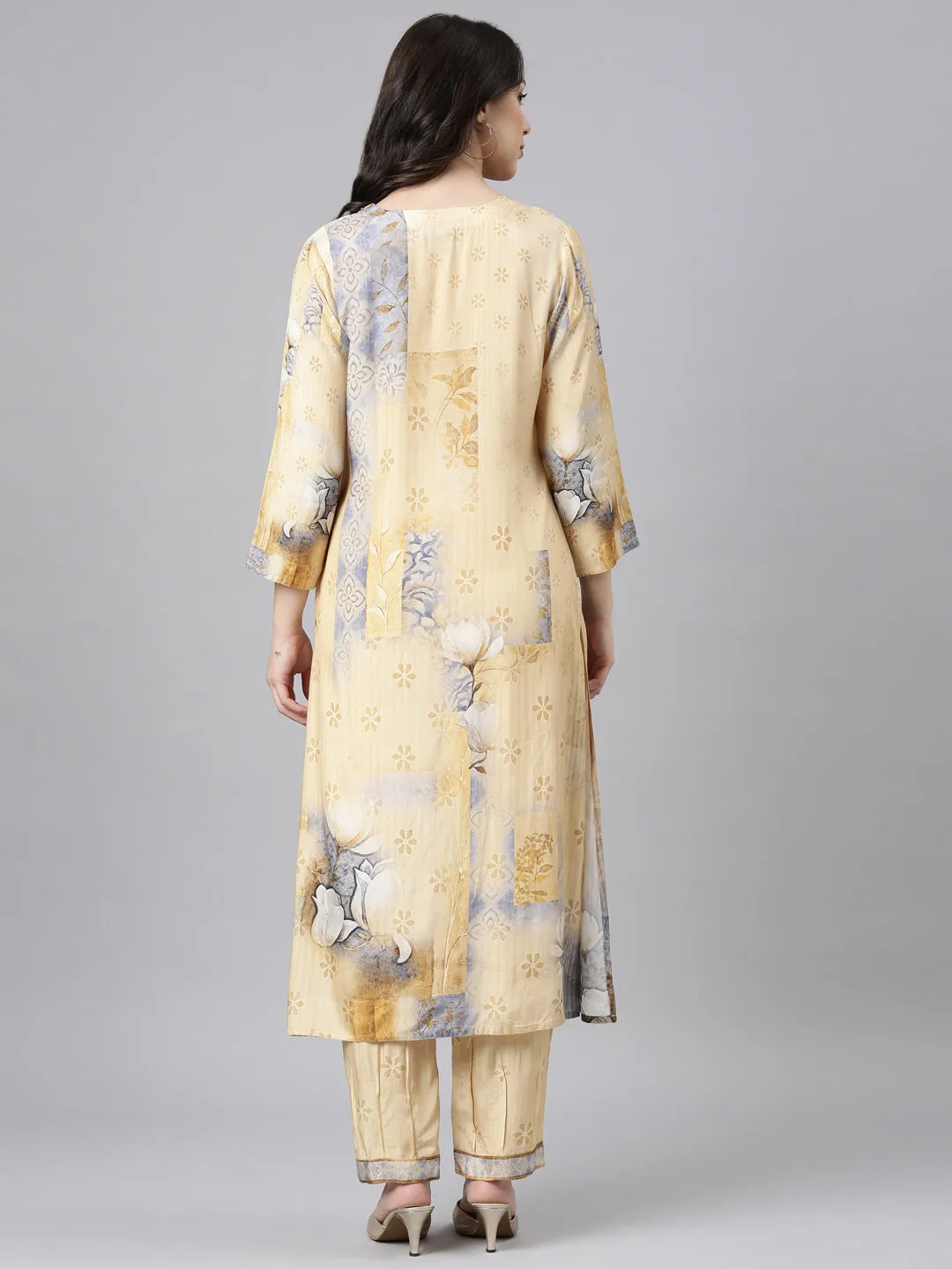 Neerus Yellow Panelled Straight Kurta and Trousers