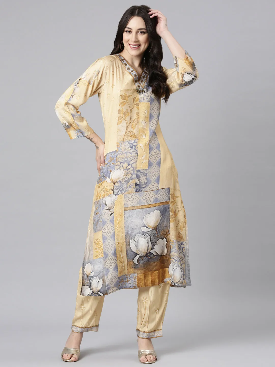 Neerus Yellow Panelled Straight Kurta and Trousers