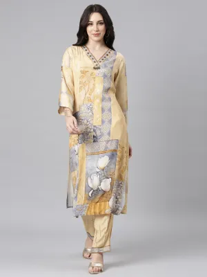 Neerus Yellow Panelled Straight Kurta and Trousers