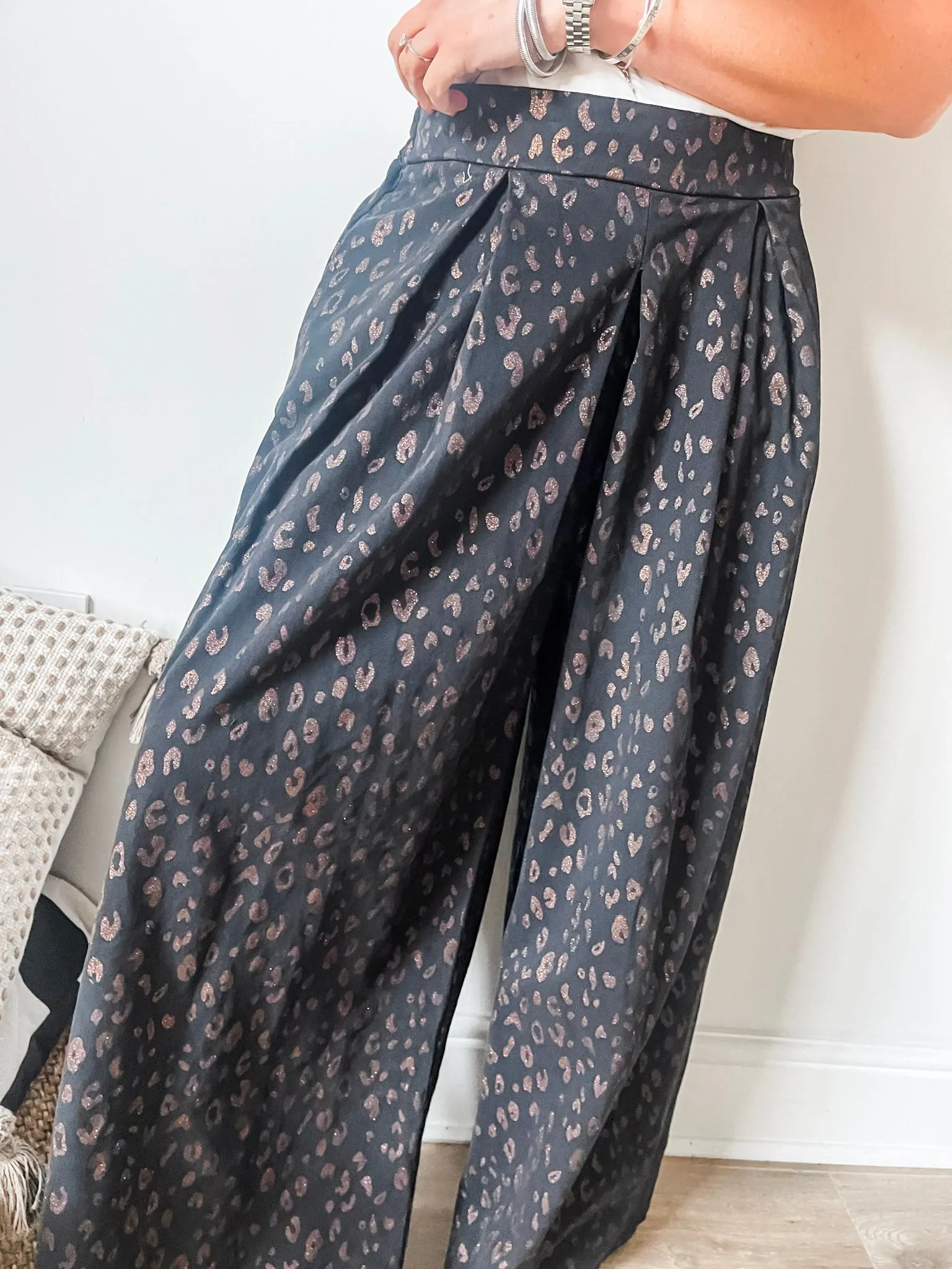 Plus Size Glitter Leopard Wide Leg Trousers