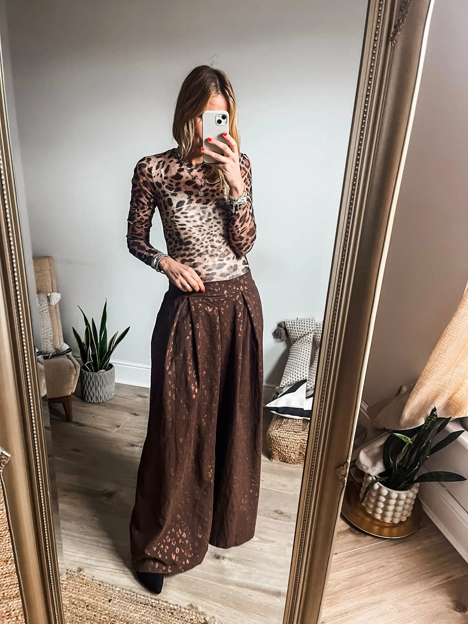 Plus Size Glitter Leopard Wide Leg Trousers