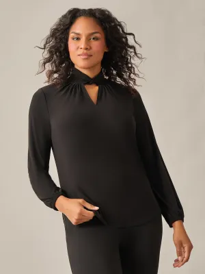 Plus Size Twist Neck Knit Blouse, Black