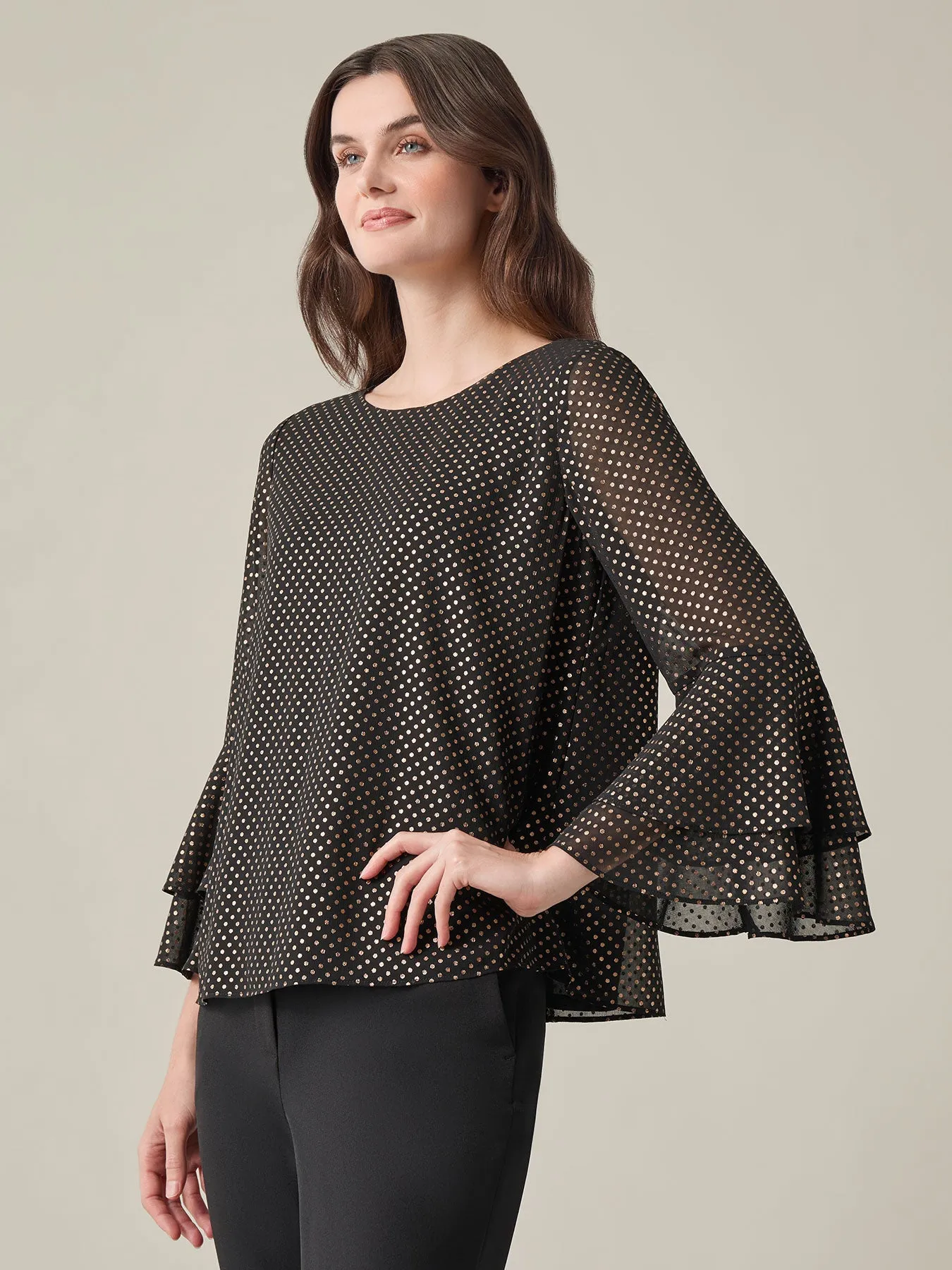 Plus Tiered Bell Sleeve Blouse, Sparkle Detail