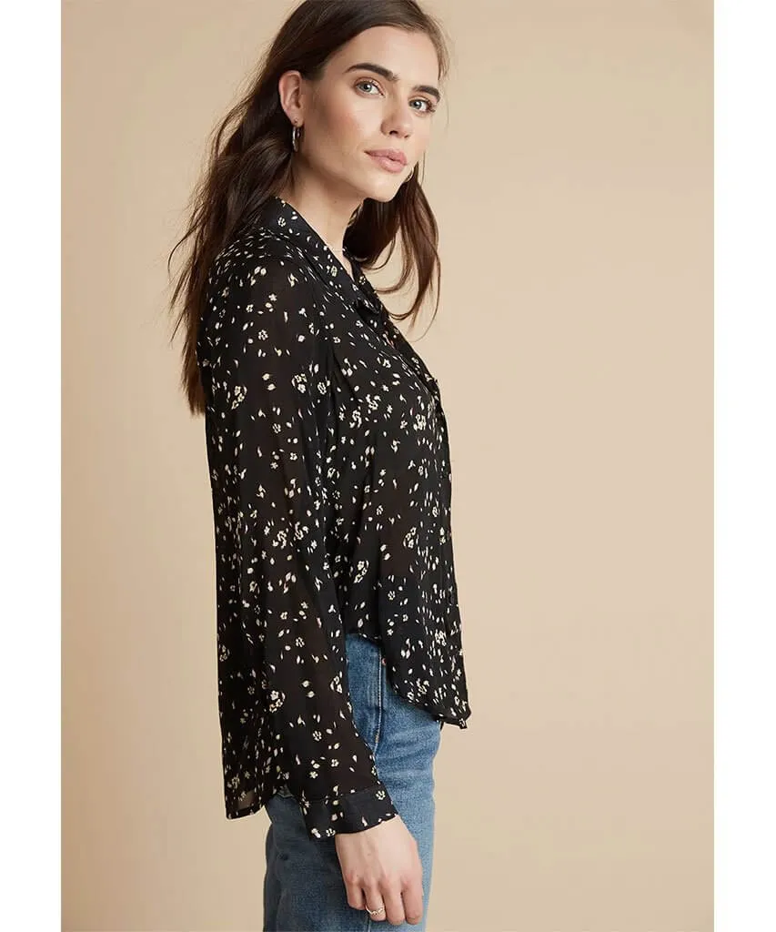 Rounded Hem Button Down Black Floral