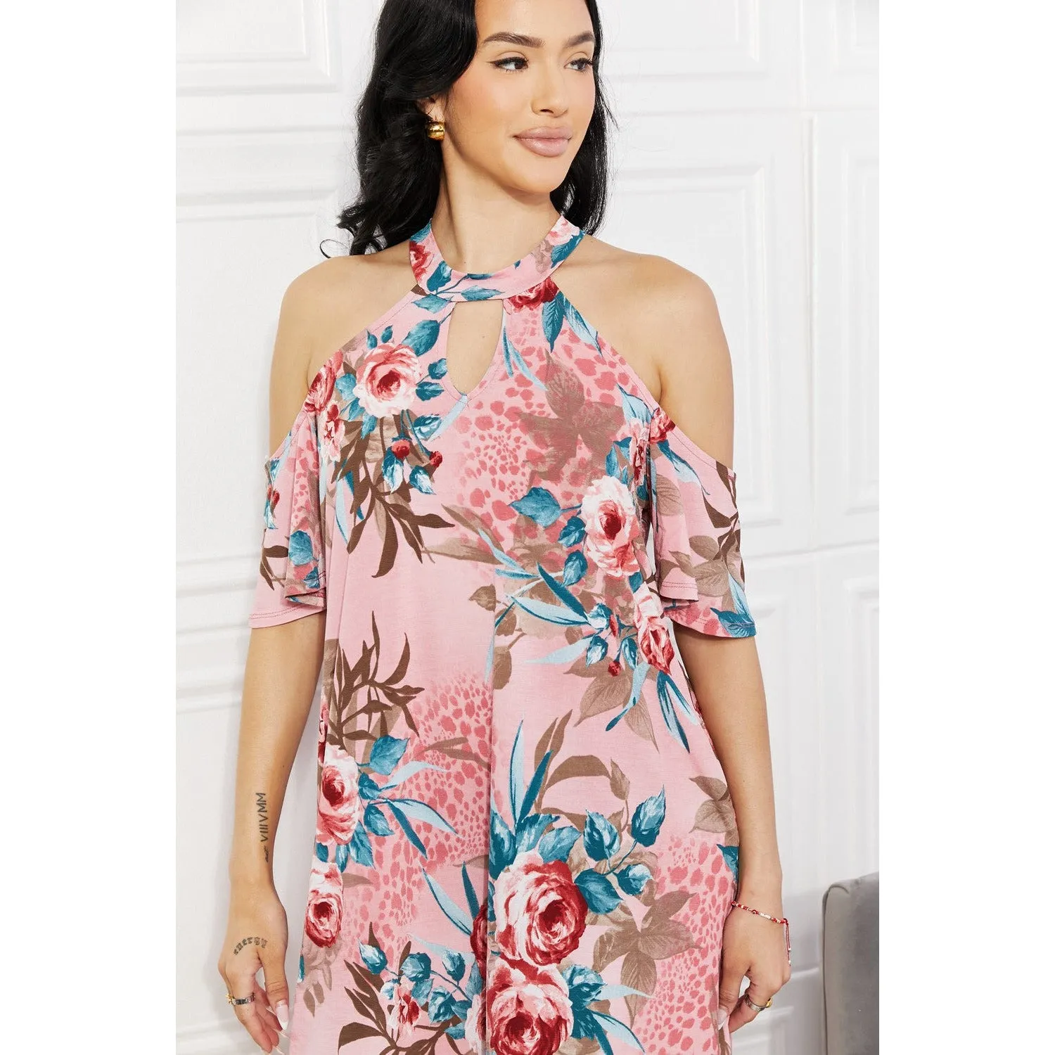 Sew In Love Full Size Fresh-Cut Flowers Cold-Shoulder Dress