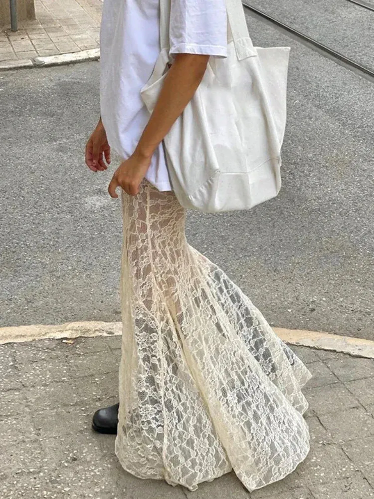 Sexy Hollow High See Out Splice Lace Through Mesh Waist Long Skirt