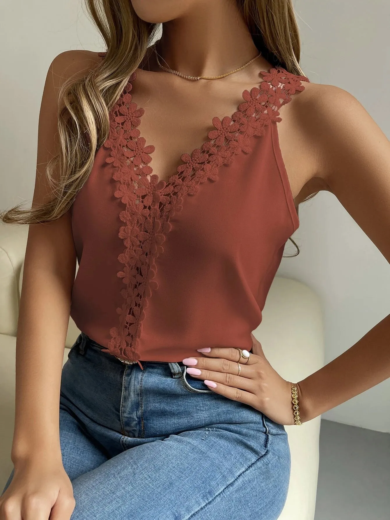 SHEIN Guipure Lace V-neck Tank Top