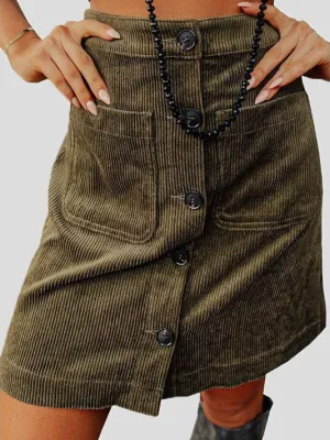 Skirts Corduroy High Waist Button Pocket Skirt for Women