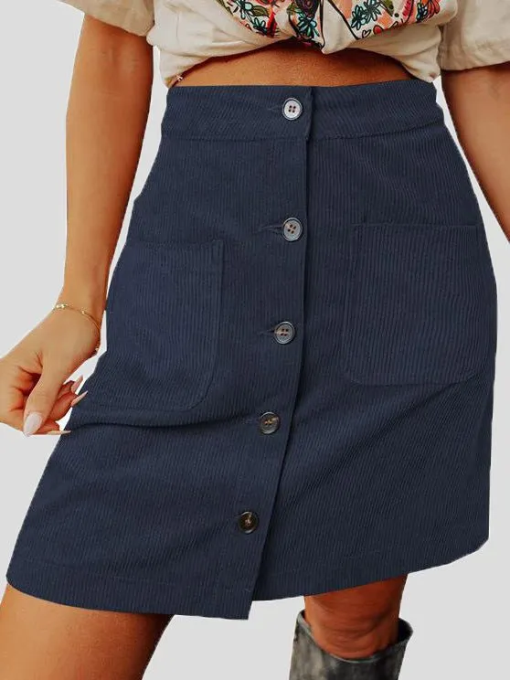 Skirts Corduroy High Waist Button Pocket Skirt for Women