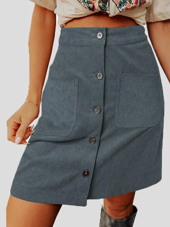 Skirts Corduroy High Waist Button Pocket Skirt for Women