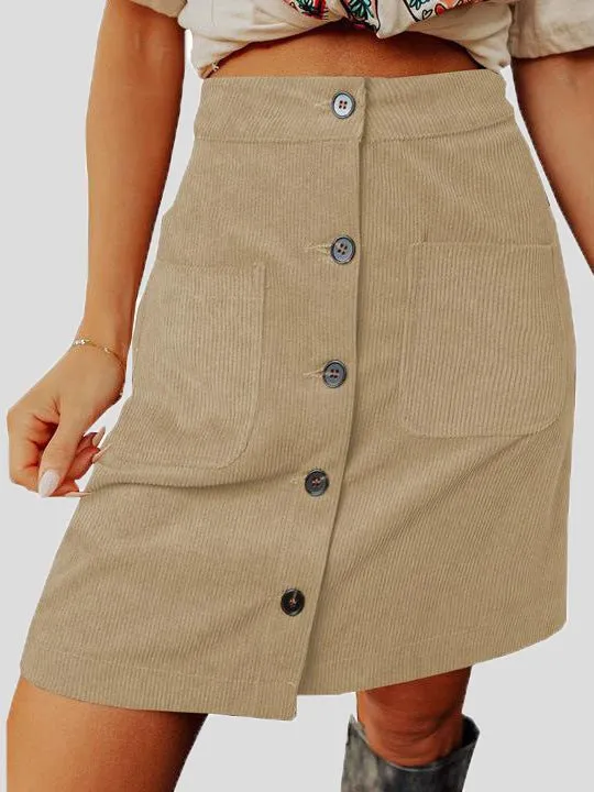 Skirts Corduroy High Waist Button Pocket Skirt for Women